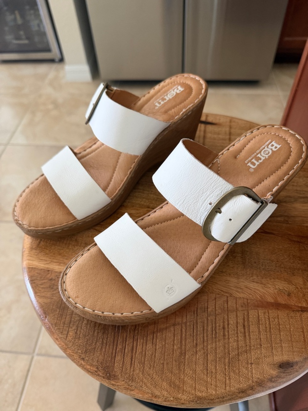 Born White Leather Double-Strap Wedge Sandals (only used one time )
